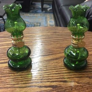 Two Green Mini Kerosene Lamps Decor